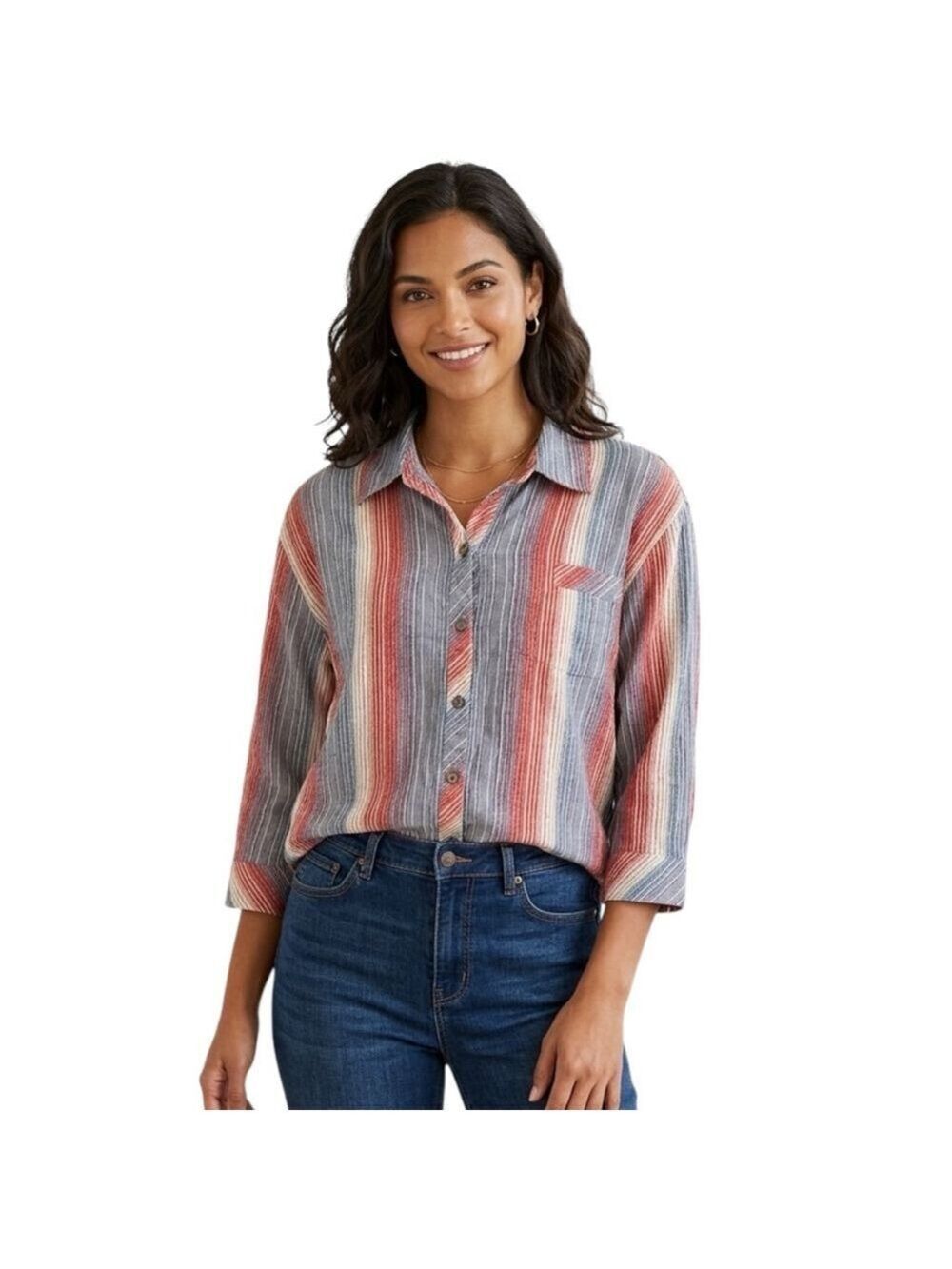 NorthStyle Striped Button Front Shirt 2X Cotton Boho Casual Top